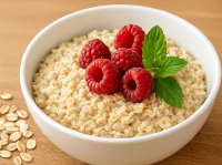 B Bowl di avena con lamponi e menta, con testo informativo sui benefici per ridurre il colesterolo in modo naturale.