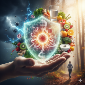 Una mano sostiene uno scudo energetico circondato da frutta, verdura e simboli di salute, con una persona che corre sullo sfondo.