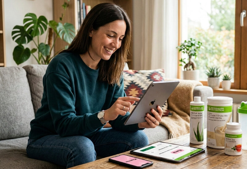 Donna che acquista integratori Herbalife da casa utilizzando un tablet e l'app di pagamento Klarna
