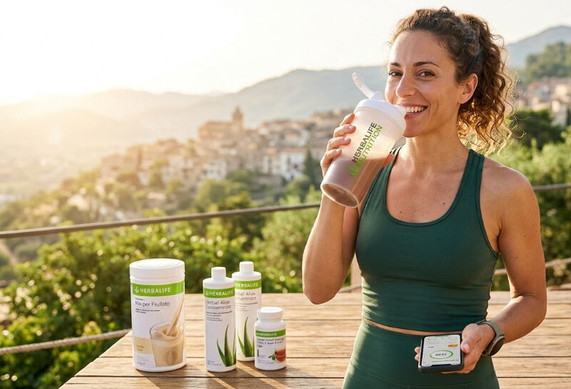 Donna atletica che beve uno shake Herbalife all'aperto.